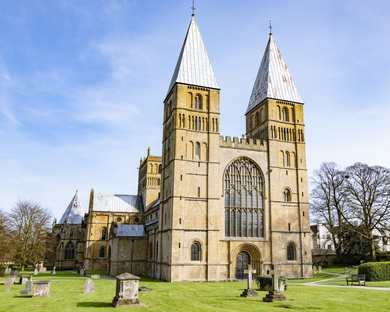 Front of Southwell Minster with twin pepperpot towers